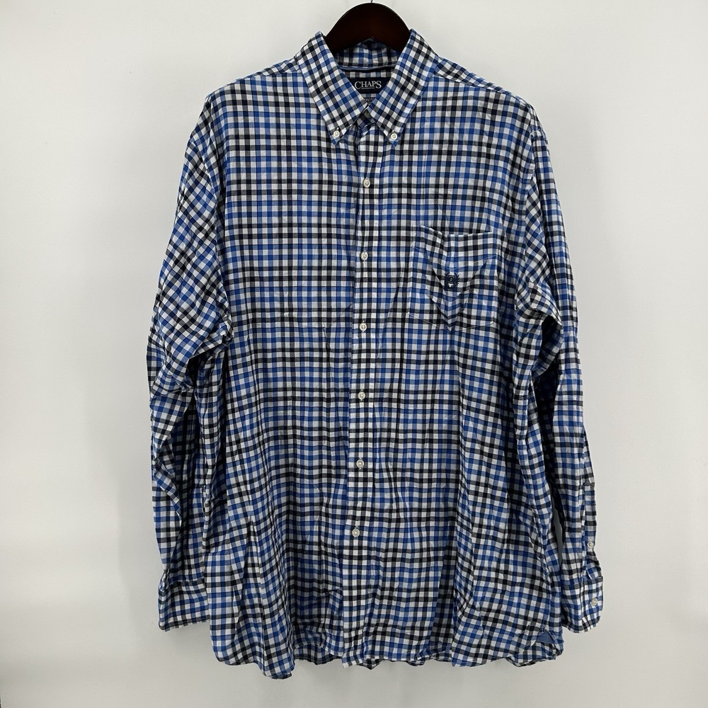 Chaps‎ Mens 2XLT Stretch Easy Care Twill Button Down Shirt Blue Gingham Preppy